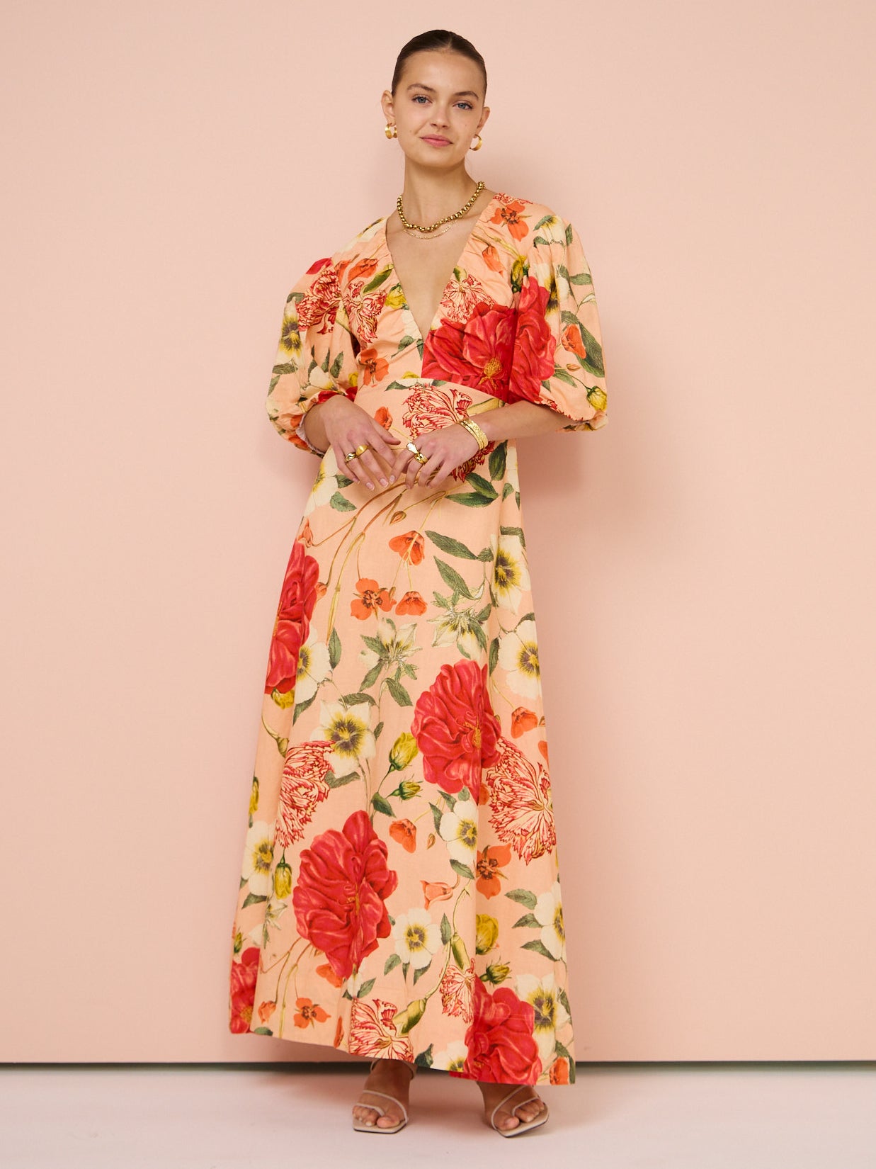 By Nicola Bolero Maxi Gathered Neckline Dress in Raspberry Punch Floral