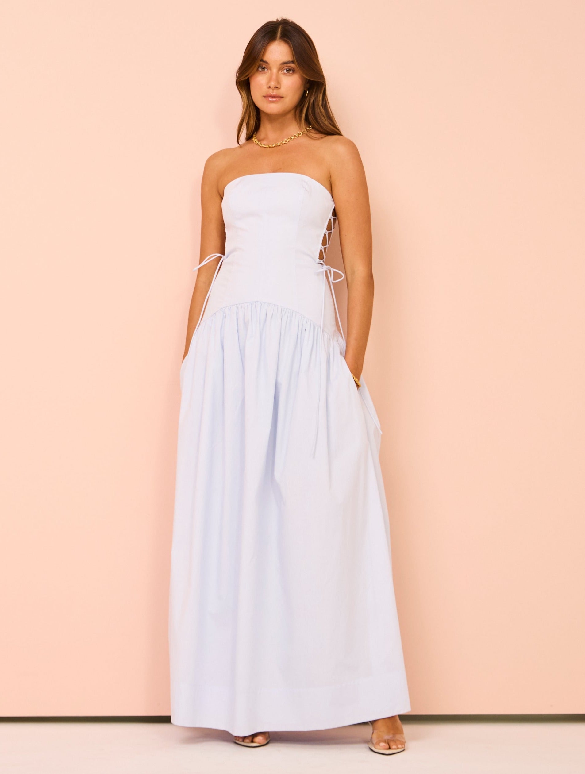 Shona Joy Amada Lace Up Strapless Maxi Dress in Ice Blue