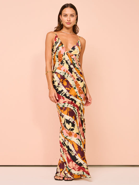 Shona Joy Cielo Silk Plunged Maxi Dress in Tangerine/Multi
