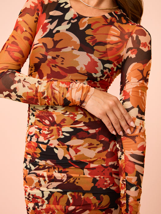 Shona Joy Rubi Gathered Midi Dress in Tangerine/Multi
