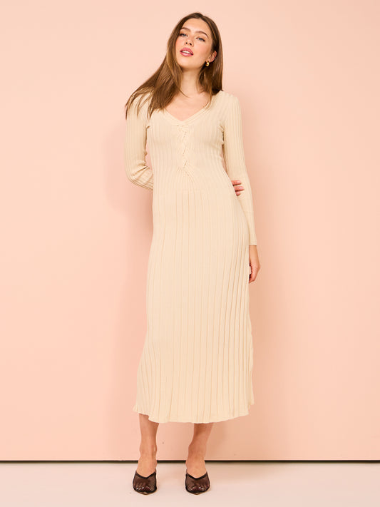 Sovere Lace Long Sleeve Midi Dress in Natural