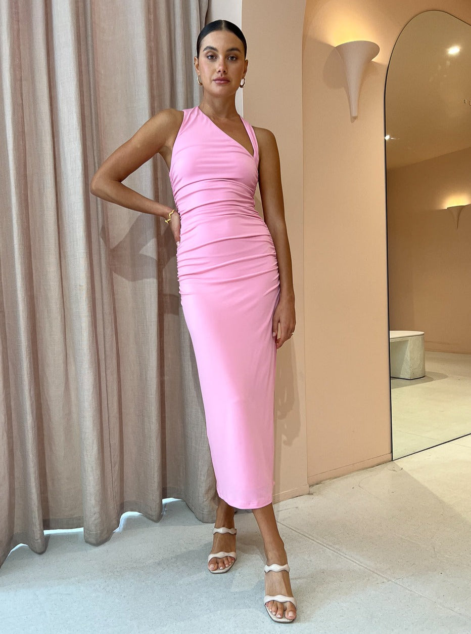 Hansen and Gretel Shimmy Fitted Midi Dress in Prism Pink Coco & Lola Hansen and Gretel Shimmy Fitted Midi Dress in Prism Pink Coco & Lola