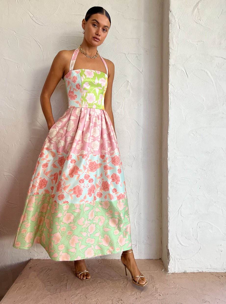 Leo Lin Ana Halterneck Maxi Dress in Anaemone Splice Print
