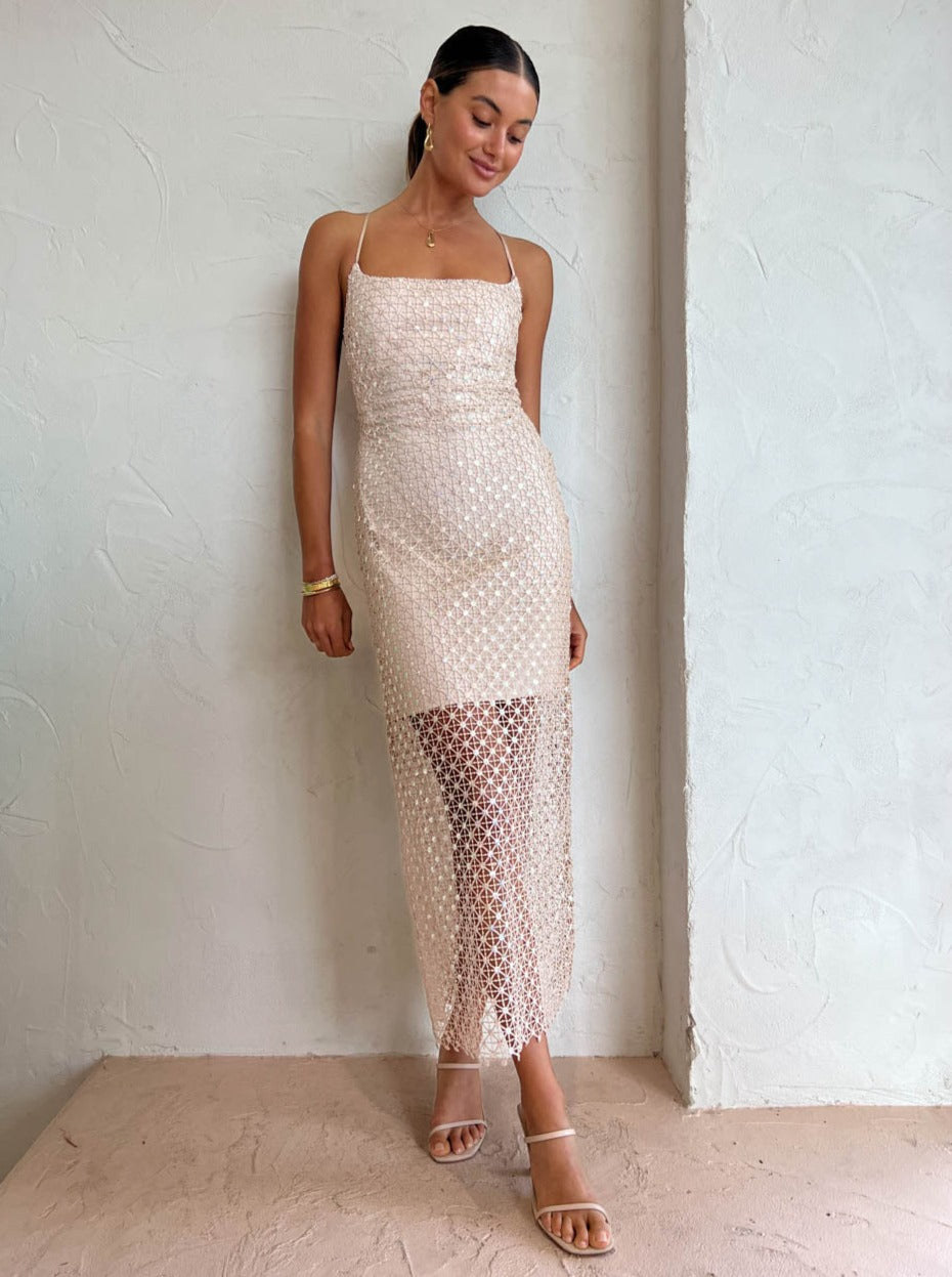 Manning Cartell Crochet Sequins Slip Dress in Buff