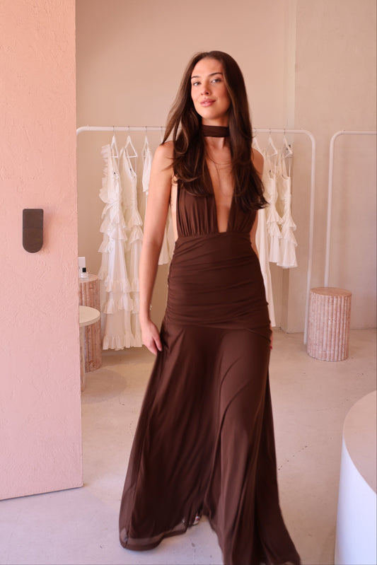 By Nicola Fiesta Halterneck Maxi Dress in Chocolate