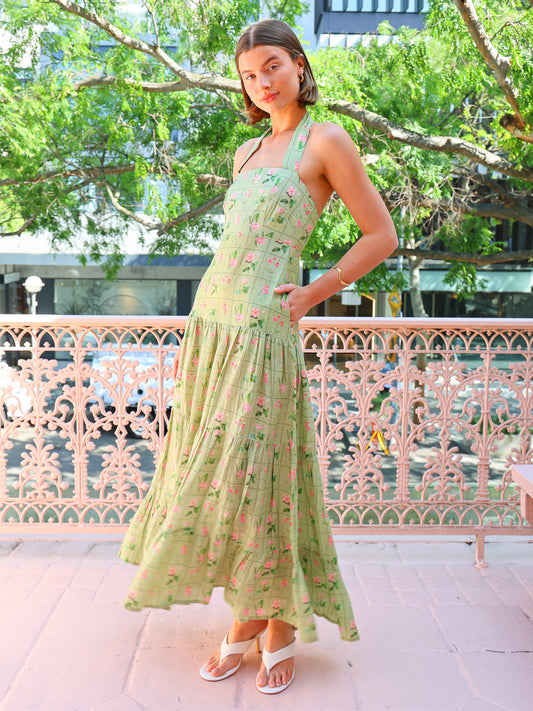 Palm Noosa Willow Dress in Green Floral Tile