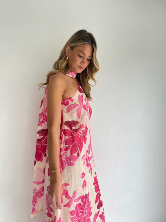 By Nicola Astrid maxi dress in potpourri pink floral print with soft linen cotton ramie and flowing silhouette, perfect for weddings and summer events