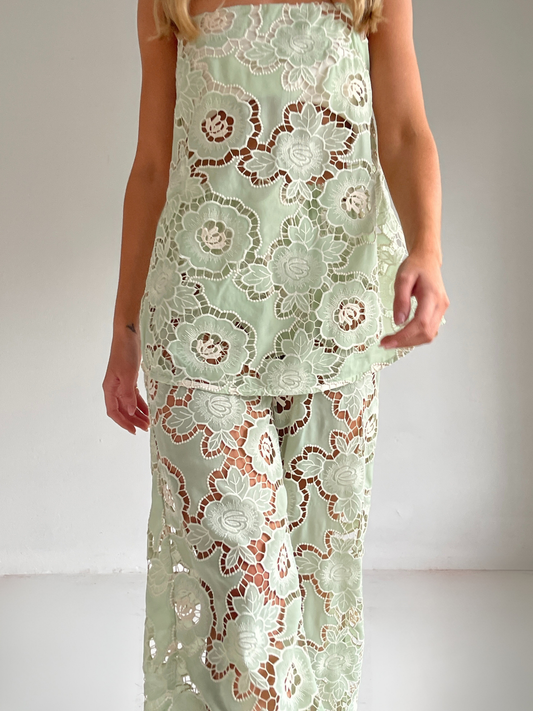 By Nicola Romily cami and pant set in mint lace with floral cut-out detailing, perfect for summer events and evenings out
