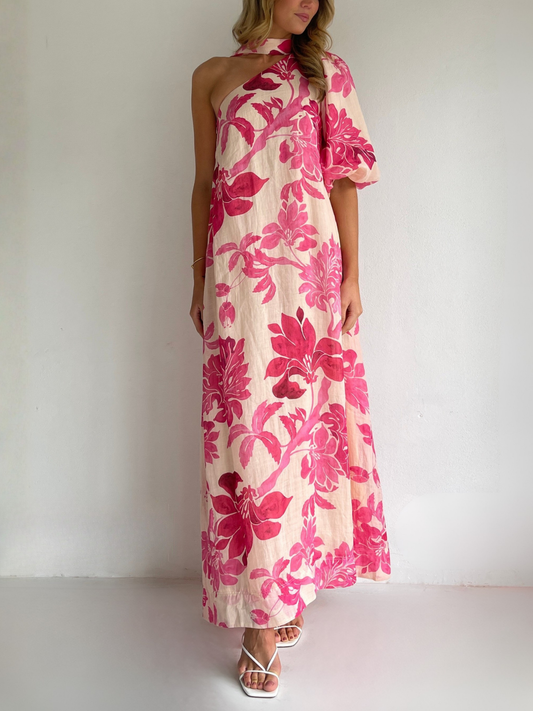 By Nicola Astrid maxi dress in potpourri pink floral print with soft linen cotton ramie and flowing silhouette, perfect for weddings and summer events