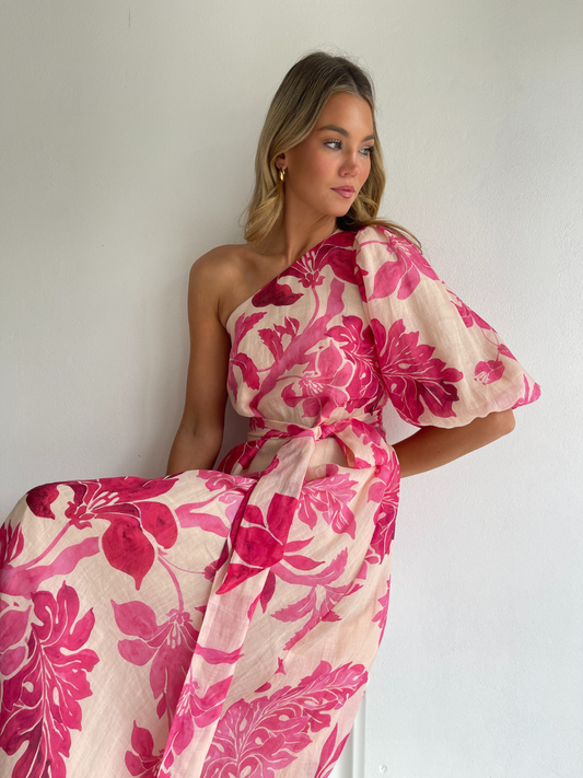 By Nicola Astrid maxi dress in potpourri pink floral print with soft linen cotton ramie and flowing silhouette, perfect for weddings and summer events