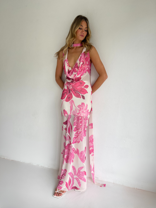 By Nicola Juno maxi dress in potpourri floral print with bias cut chiffon, reversible design and included jersey slip, perfect for weddings and summer events