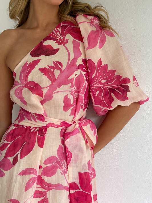 By Nicola Astrid maxi dress in potpourri pink floral print with soft linen cotton ramie and flowing silhouette, perfect for weddings and summer events