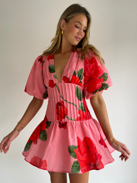 By Nicola Neve Mini Dress in Raspberry Bloom