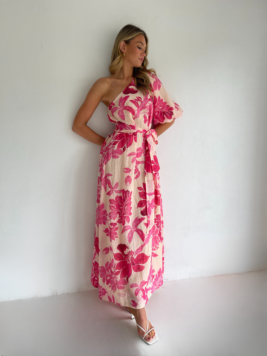 By Nicola Astrid maxi dress in potpourri pink floral print with soft linen cotton ramie and flowing silhouette, perfect for weddings and summer events