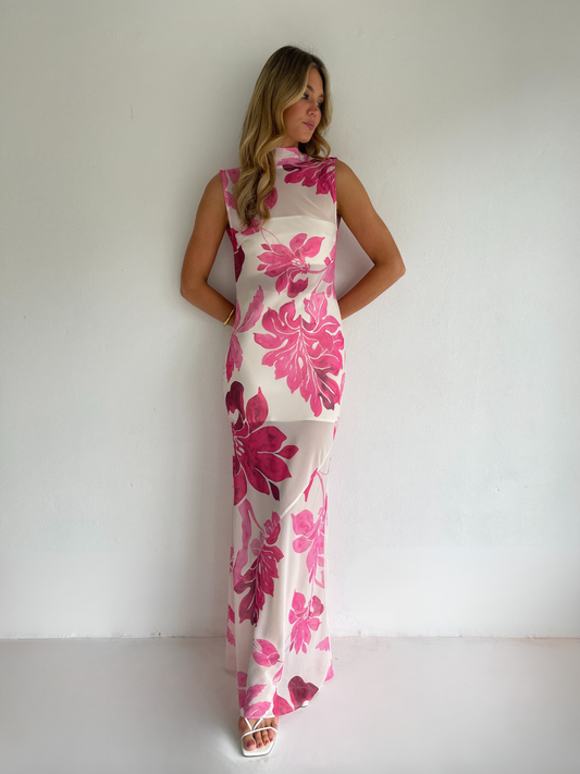 By Nicola Juno maxi dress in potpourri floral print with bias cut chiffon, reversible design and included jersey slip, perfect for weddings and summer events
