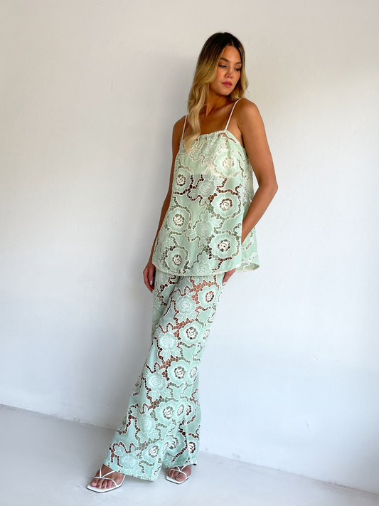 By Nicola Romily cami and pant set in mint lace with floral cut-out detailing, perfect for summer events and evenings out