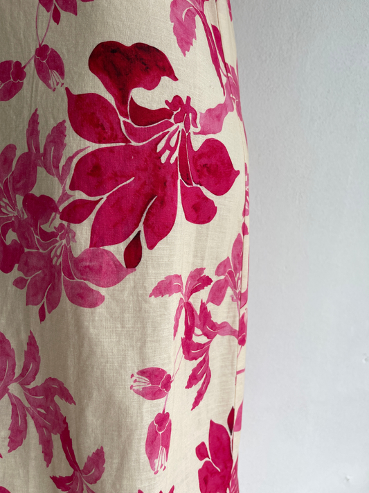 By Nicola Ivy maxi dress in pink floral print with column silhouette, straight neckline and side split, perfect for weddings and summer events.