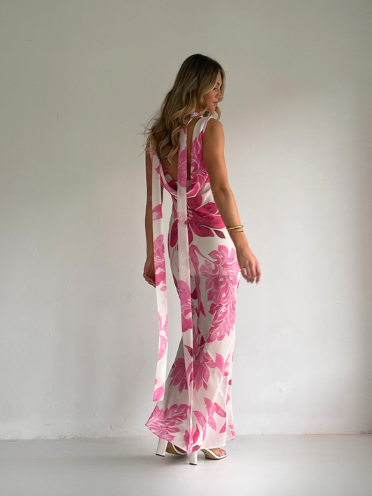 By Nicola Juno maxi dress in potpourri floral print with bias cut chiffon, reversible design and included jersey slip, perfect for weddings and summer events