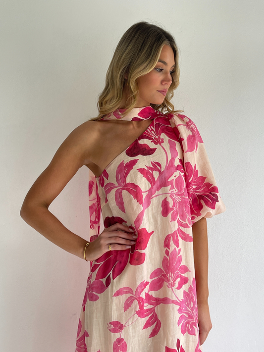 By Nicola Astrid maxi dress in potpourri pink floral print with soft linen cotton ramie and flowing silhouette, perfect for weddings and summer events