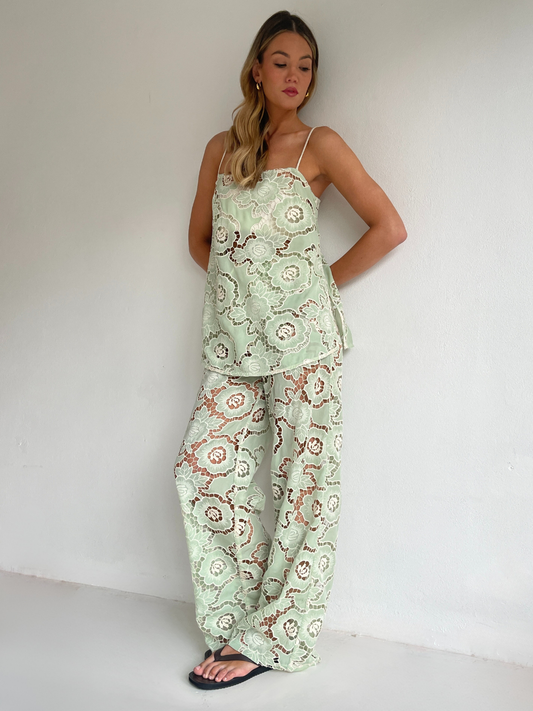 By Nicola Romily cami and pant set in mint lace with floral cut-out detailing, perfect for summer events and evenings out