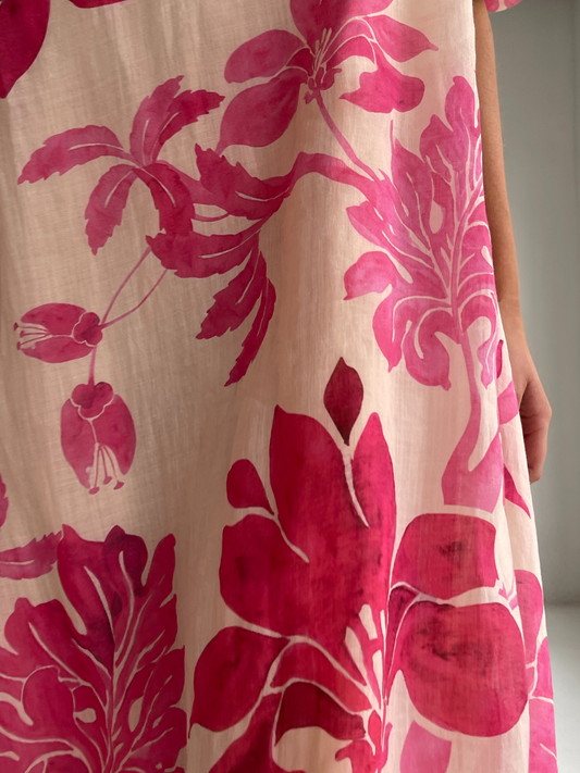 By Nicola Astrid maxi dress in potpourri pink floral print with soft linen cotton ramie and flowing silhouette, perfect for weddings and summer events