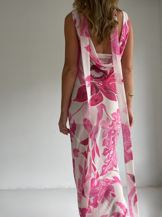 By Nicola Juno maxi dress in potpourri floral print with bias cut chiffon, reversible design and included jersey slip, perfect for weddings and summer events