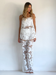 By Nicola Romily cami and pant set in white lace with floral cut-out detailing, perfect for summer events and evenings out