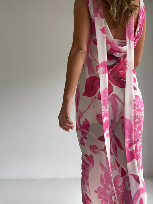 By Nicola Juno maxi dress in potpourri floral print with bias cut chiffon, reversible design and included jersey slip, perfect for weddings and summer events
