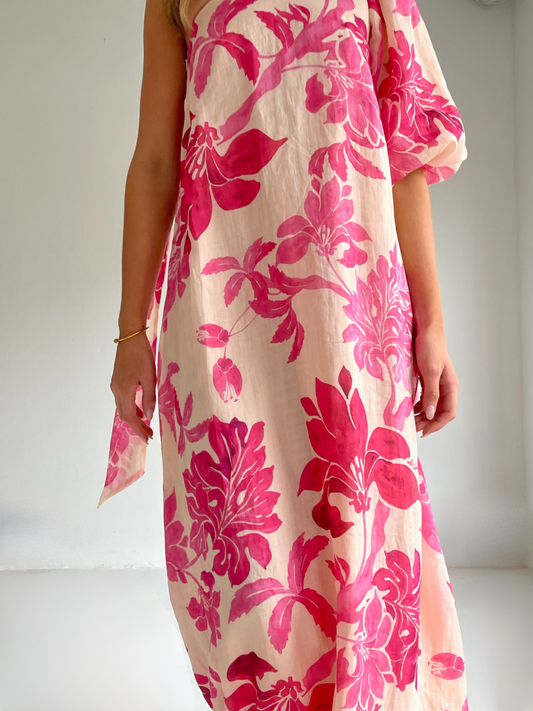 By Nicola Astrid maxi dress in potpourri pink floral print with soft linen cotton ramie and flowing silhouette, perfect for weddings and summer events