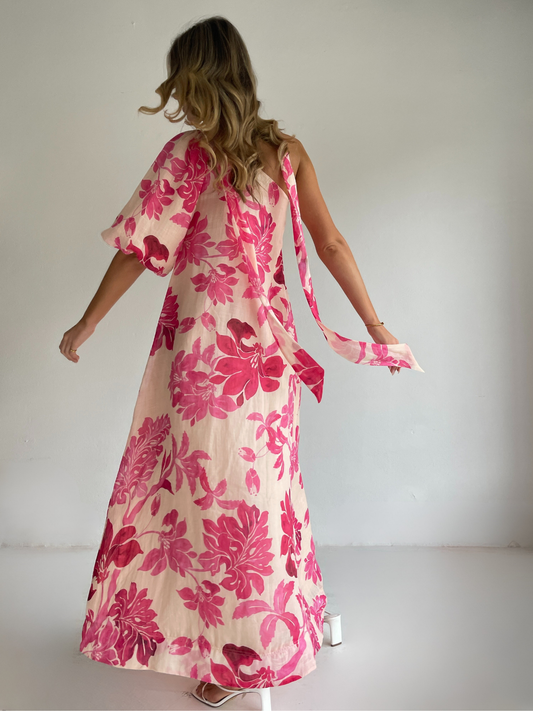 By Nicola Astrid maxi dress in potpourri pink floral print with soft linen cotton ramie and flowing silhouette, perfect for weddings and summer events