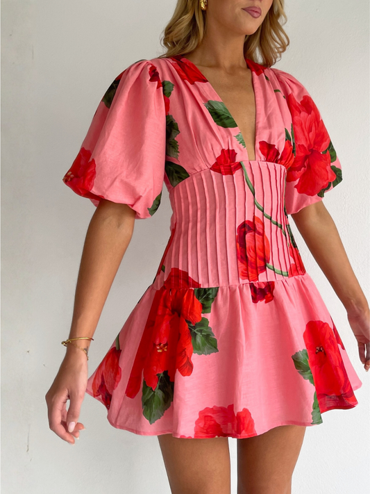 By Nicola Neve Mini Dress in Raspberry Bloom