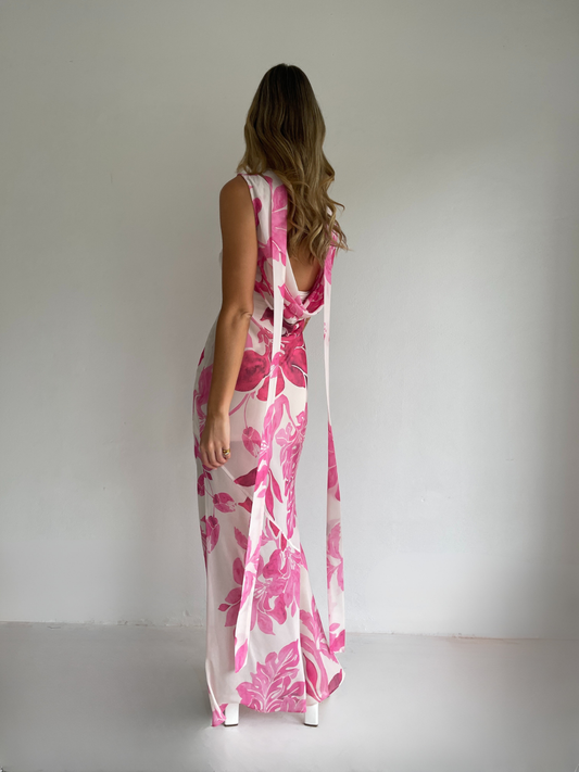By Nicola Juno maxi dress in potpourri floral print with bias cut chiffon, reversible design and included jersey slip, perfect for weddings and summer events
