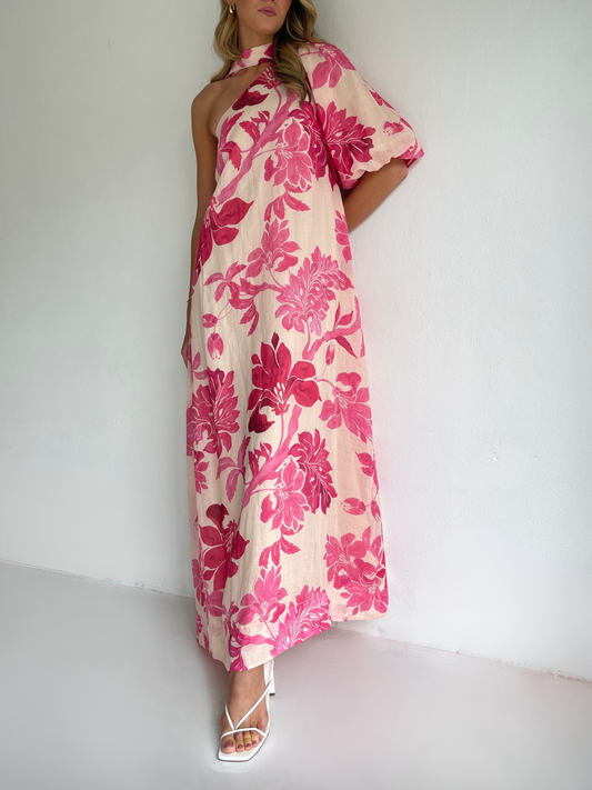 By Nicola Astrid maxi dress in potpourri pink floral print with soft linen cotton ramie and flowing silhouette, perfect for weddings and summer events