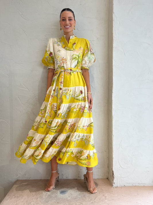 Alemais Ira Tiered Midi Dress in Lemon/Cream