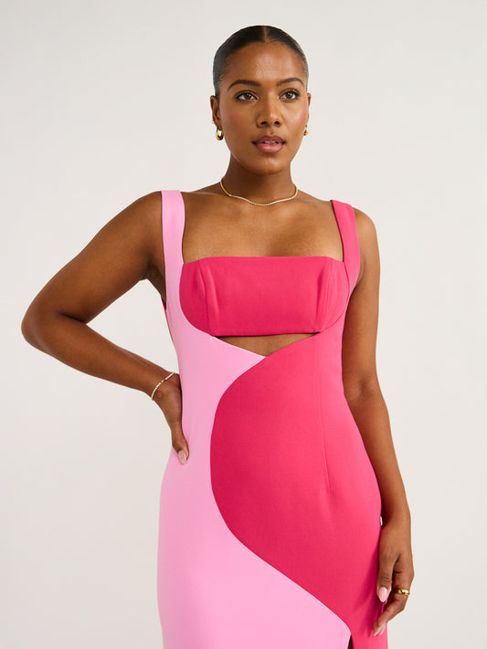 By Johnny Caterina Two-Tone Curve Midi Dress in Pink Multi