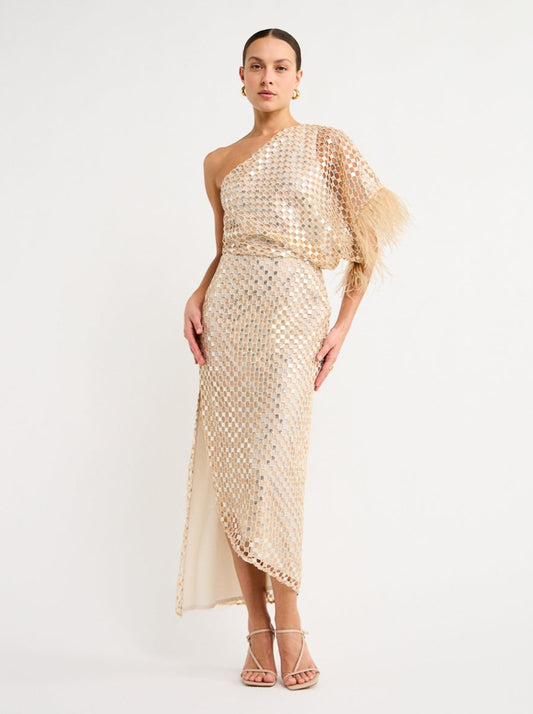Manning Cartell Checkerboard Sequin Event Dress in Cream