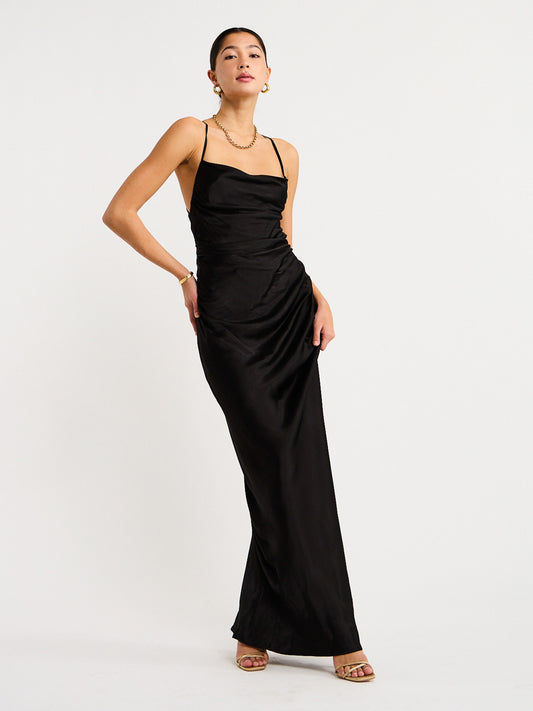 Shona Joy Ruched Backless Slip Dress in Black