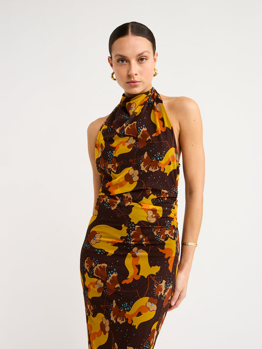 Sir Jacques Mesh Halter Midi Dress in Expressionist