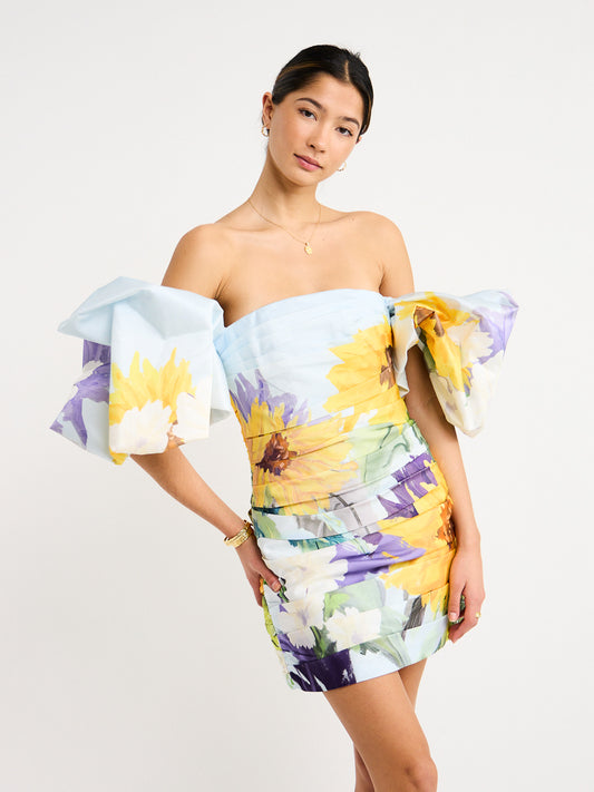 Leo Lin Brenda Puffy Sleeve Mini Dress in Sunflower Landscape