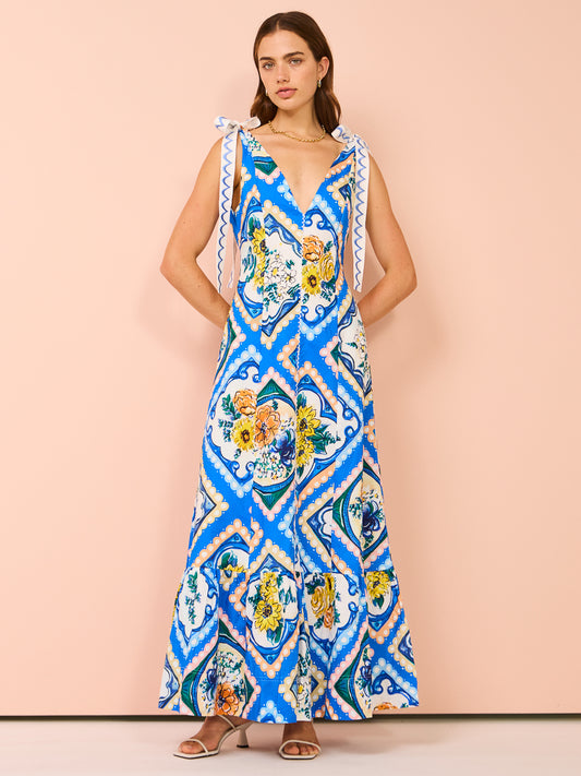 By Nicola Adoncia Tie Shoulder Maxi Dress in Azure Floral