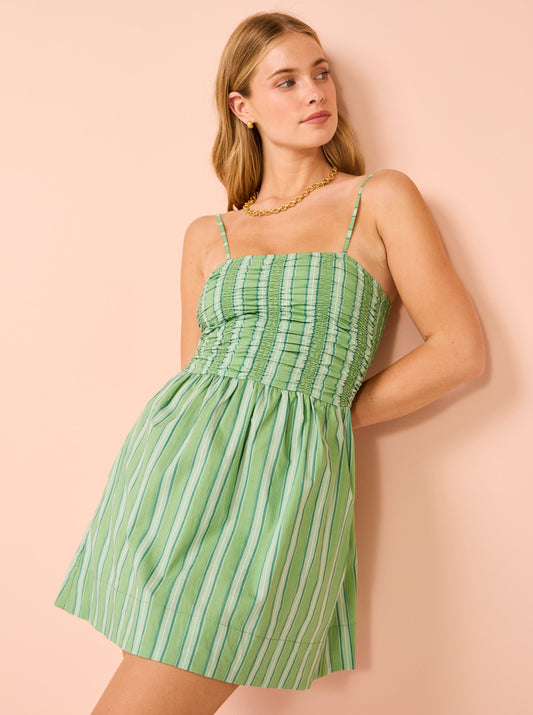 Faithfull the Brand Rhea Mini Dress in Akaia Stripe Green
