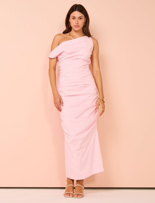 Issy One Shoulder Midi Dress in Candy Pink