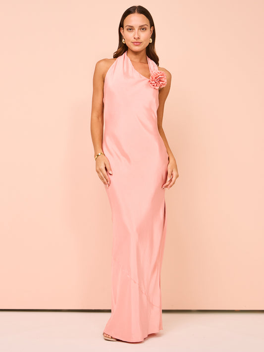 Issy Halter Rose Applique Maxi Dress in Pink