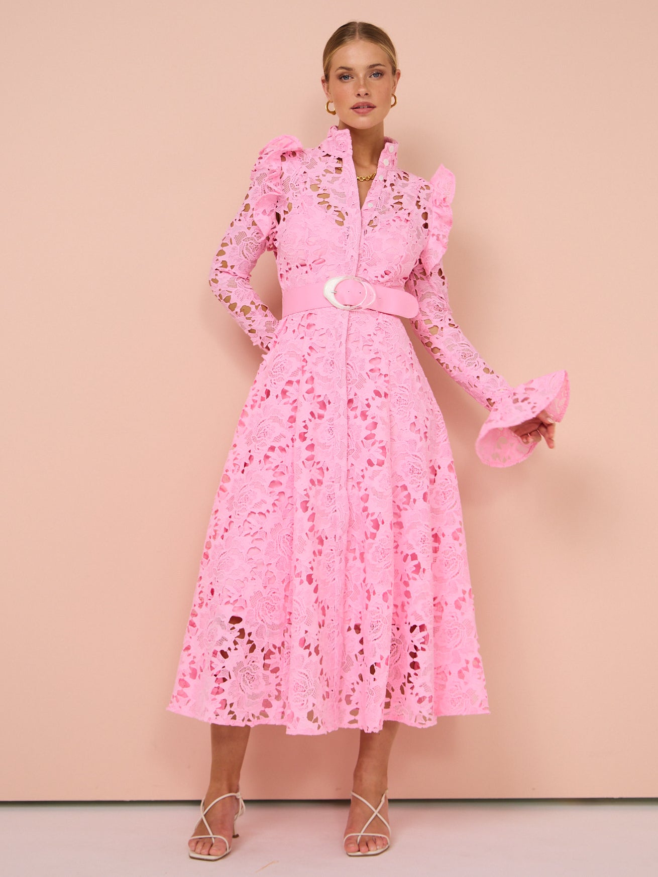 Leo Lin Aliyah Lace Butterfly Sleeve Midi Dress in Candy Pink