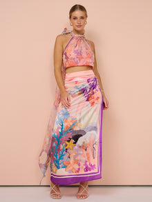 Leo Lin Estella Wrap Midi Skirt in Neptune Print in Coral