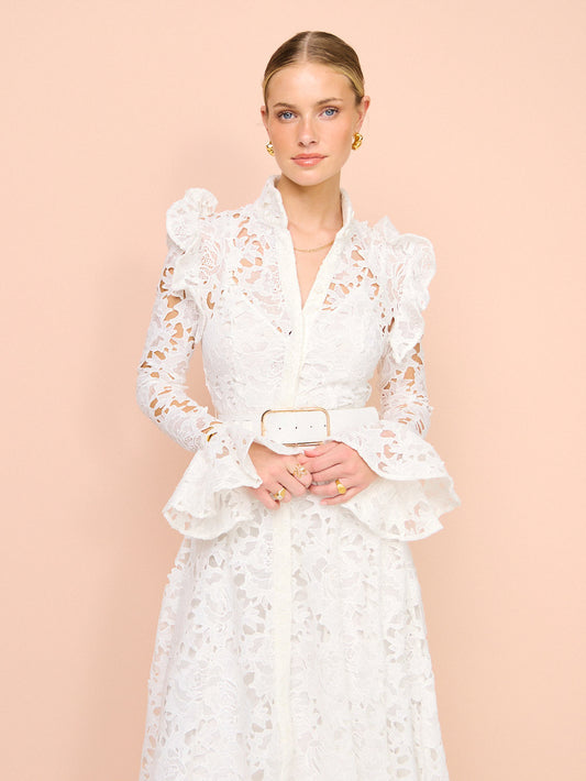 Leo Lin Aliyah Lace Butterfly Sleeve Midi Dress in Snow