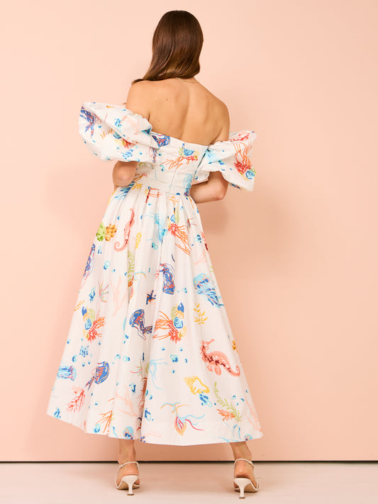 Leo Lin Matilda Puff Sleeve Midi Dress in Twilight Print in White Coco & Lola Leo Lin Matilda Puff Sleeve Midi Dress in Twilight Print in White Coco & Lola