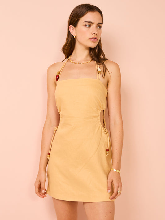 Sir Antonia Beaded Mini Dress in Light Tan Sir Antonia Beaded Mini Dress in Light Tan