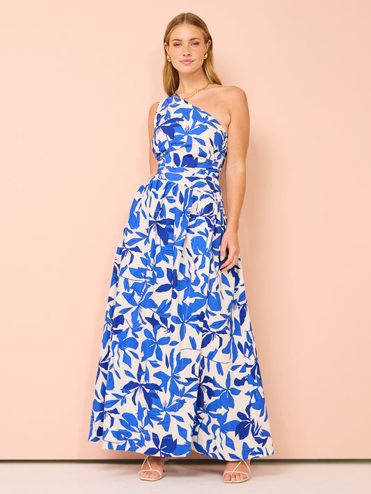 Shona Joy Bleue Asymmetrical Cut Out Maxi Dress in Ivory/Aqua