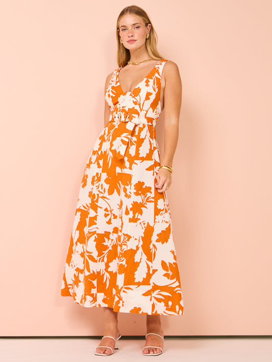Shona Joy Casa Plunged Panelled Midi Dress in Tangerine/Ivory